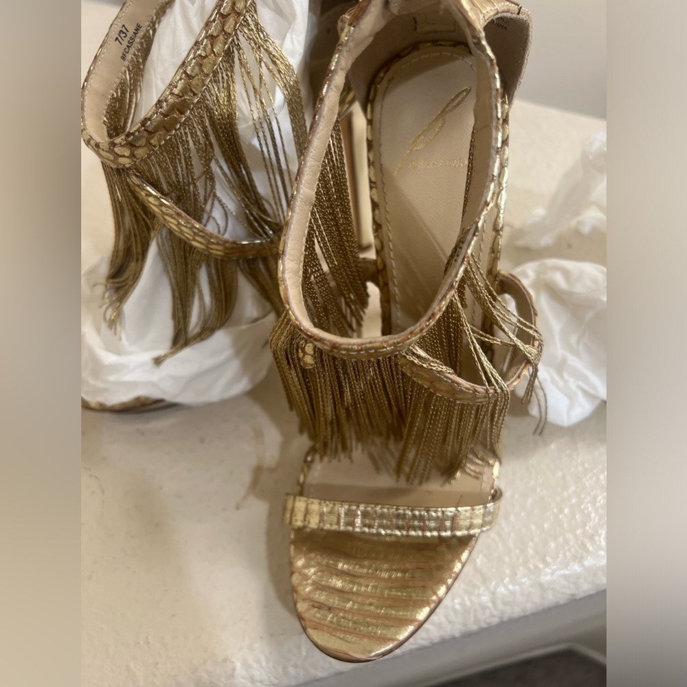 Brian Atwood Gold Fringe Sexy Heels Holiday Party Christmas New Year shoes 7 - Picture 8 of 8
